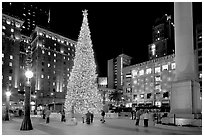 Christmas tree on Union Square at night. San Francisco, California, USA (black and white)