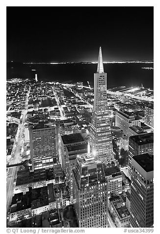 Transamerica Pyramid and Coit Tower, aerial view at night. San Francisco, California, USA