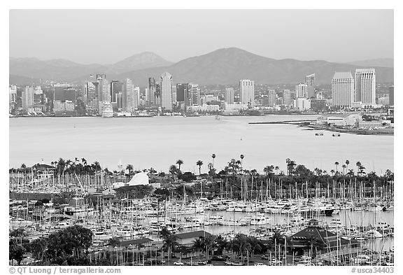Skyline and San Diego Yacht Club,` from Point Loma, sunset. San Diego, California, USA (black and white)