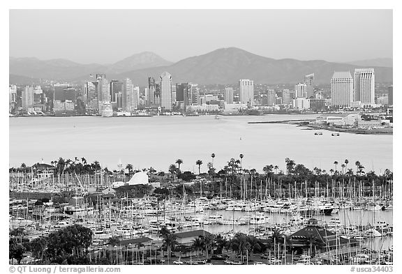 Skyline and San Diego Yacht Club,` from Point Loma, sunset. San Diego, California, USA