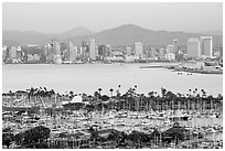 Skyline and San Diego Yacht Club,` from Point Loma, sunset. San Diego, California, USA ( black and white)