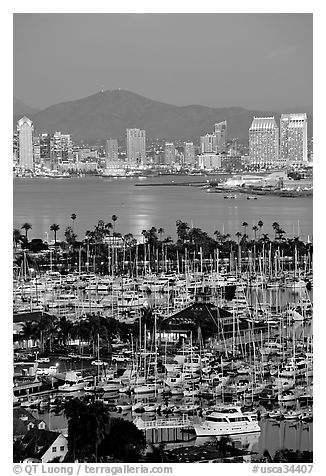 Marina, Shelter Island,  and skyline at dusk. San Diego, California, USA (black and white)