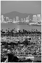 Marina, Shelter Island,  and skyline at dusk. San Diego, California, USA (black and white)