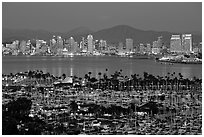 Marina and skyline at night. San Diego, California, USA ( black and white)