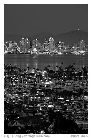 San Diego Yacht Club and skyline at night. San Diego, California, USA
