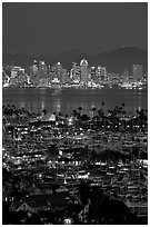 San Diego Yacht Club and skyline at night. San Diego, California, USA (black and white)