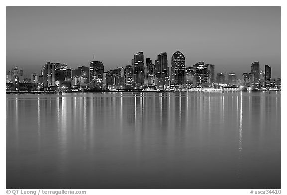 Skyline from Harbor Island, dawn. San Diego, California, USA (black and white)