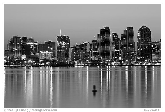 Skyline and buoy, dawn. San Diego, California, USA (black and white)