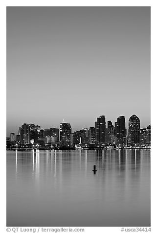 Skyline and reflections at dawn. San Diego, California, USA (black and white)