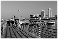 Pier, ferry, and skyline, Coronado. San Diego, California, USA (black and white)