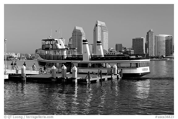 Ferry and skyline, Coronado. San Diego, California, USA (black and white)