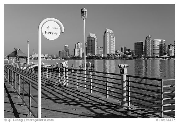 Sign, Ferry pier and skyline, Coronado. San Diego, California, USA (black and white)