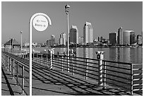 Sign, Ferry pier and skyline, Coronado. San Diego, California, USA (black and white)