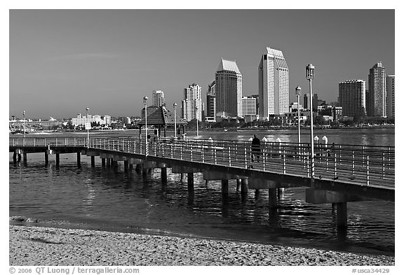 Beach, pier, and skyline, Coronado. San Diego, California, USA (black and white)