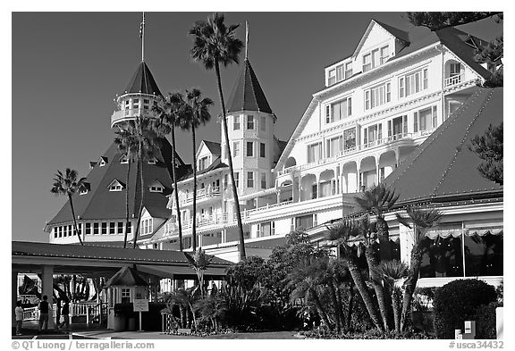 Facade of Hotel Del Coronado in victorian style. San Diego, California, USA (black and white)