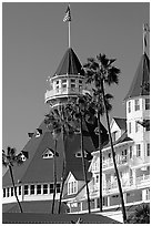 Towers and red roof of Hotel Del Coronado. San Diego, California, USA (black and white)