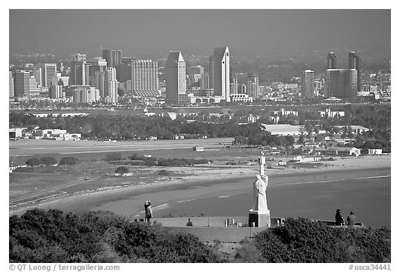 Cabrillo monument, navy base, and skyline. San Diego, California, USA (black and white)