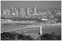 Cabrillo monument, navy base, and skyline. San Diego, California, USA (black and white)