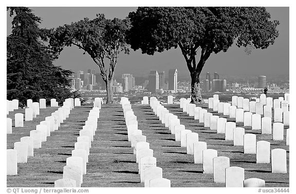 Rows of white gravestones and San Diego skyline, Point Loma. San Diego, California, USA (black and white)