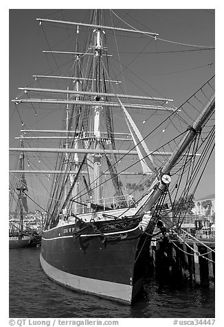 Star of India square-rigged ship, Maritime Museum. San Diego, California, USA (black and white)