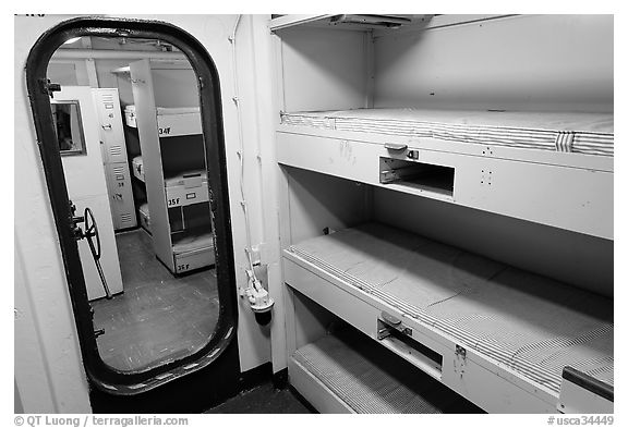 Berthing spaces, USS Midway. San Diego, California, USA (black and white)