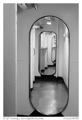 Corridor, USS Midway. San Diego, California, USA (black and white)