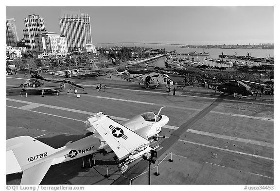 Flight deck and navy aircraft, USS Midway aircraft carrier. San Diego, California, USA (black and white)