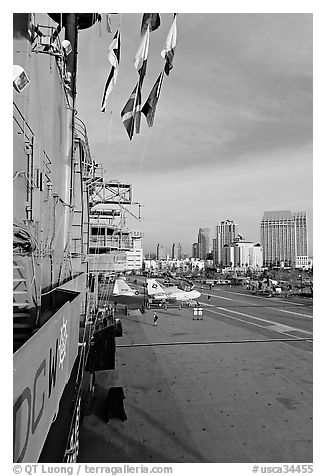 Flight deck seen from the island, San Diego Aircraft  carrier museum. San Diego, California, USA (black and white)
