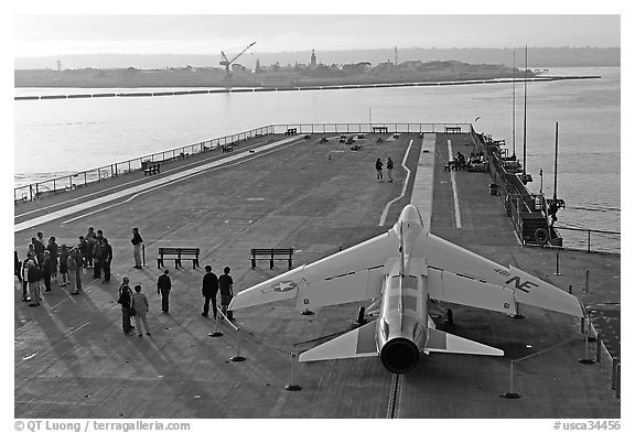 Plane in position at catapult, USS Midway aircraft carrier. San Diego, California, USA (black and white)