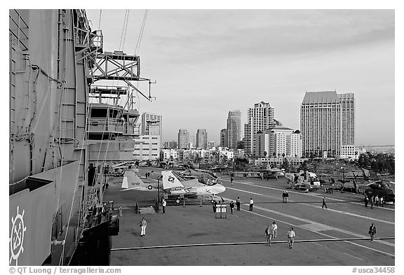 Flight control tower, flight deck, skyline, San Diego Aircraft  carrier museum. San Diego, California, USA (black and white)