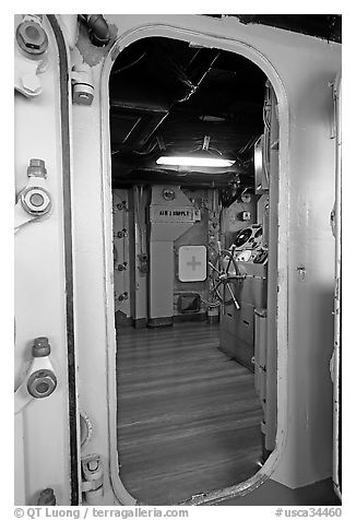 Bridge seen from a door, USS Midway aircraft carrier. San Diego, California, USA (black and white)