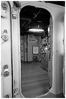 Bridge seen from a door, USS Midway aircraft carrier. San Diego, California, USA (black and white)