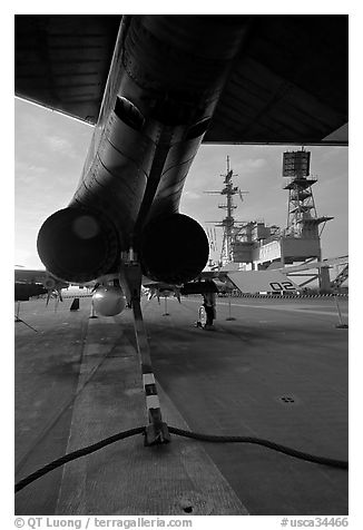 Aircraft with landing hook deployed, San Diego Aircraft  carrier museum. San Diego, California, USA (black and white)