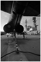 Aircraft with landing hook deployed, San Diego Aircraft  carrier museum. San Diego, California, USA (black and white)