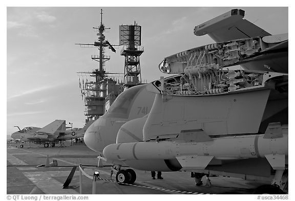 Aircaft with wings folded to save space, USS Midway aircraft carrier. San Diego, California, USA (black and white)