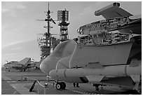 Aircaft with wings folded to save space, USS Midway aircraft carrier. San Diego, California, USA (black and white)