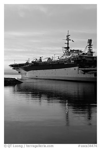 USS Midway, the longest serving aircraft carrier. San Diego, California, USA (black and white)