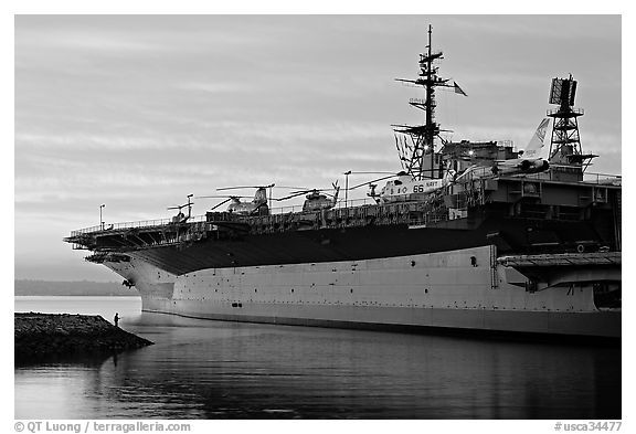 USS Midway at sunset. San Diego, California, USA (black and white)