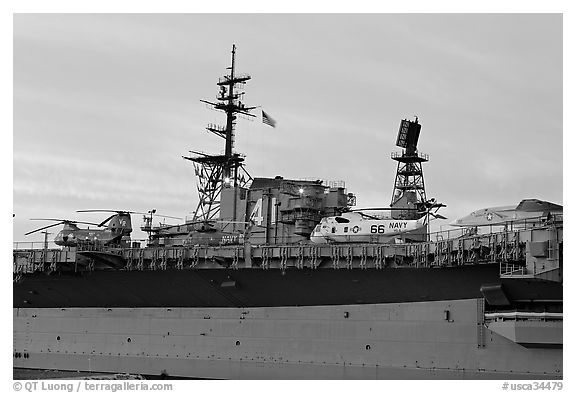 Aircraft and Island on the USS Midway, sunset. San Diego, California, USA (black and white)