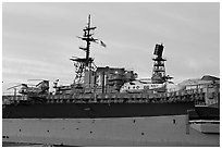 Aircraft and Island on the USS Midway, sunset. San Diego, California, USA (black and white)