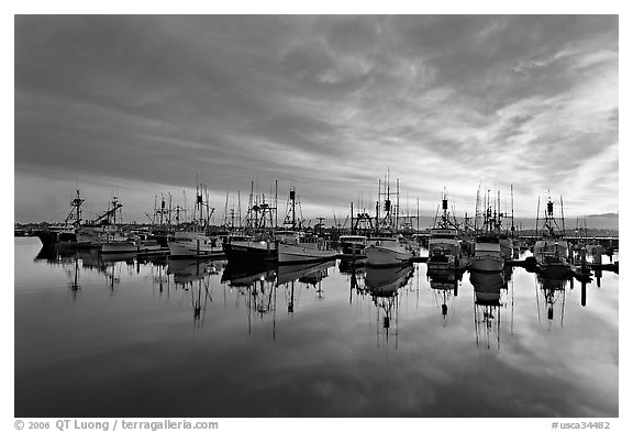 Fishing boats at sunset. San Diego, California, USA (black and white)