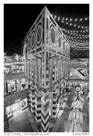 Palazzo in Horton Plaza at night. San Diego, California, USA (black and white)