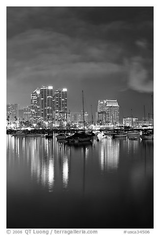 Yachts and skyline from Harbor Drive, at night. San Diego, California, USA (black and white)