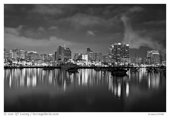 San Diego skyline from Harbor Drive, nite. San Diego, California, USA (black and white)