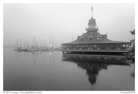 Boathouse and harbor in fog, sunrise, Coronado. San Diego, California, USA (black and white)