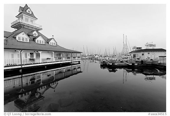 Period and modern boathouses, early morning, Coronado. San Diego, California, USA (black and white)