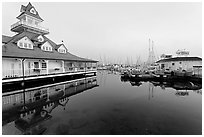Period and modern boathouses, early morning, Coronado. San Diego, California, USA (black and white)
