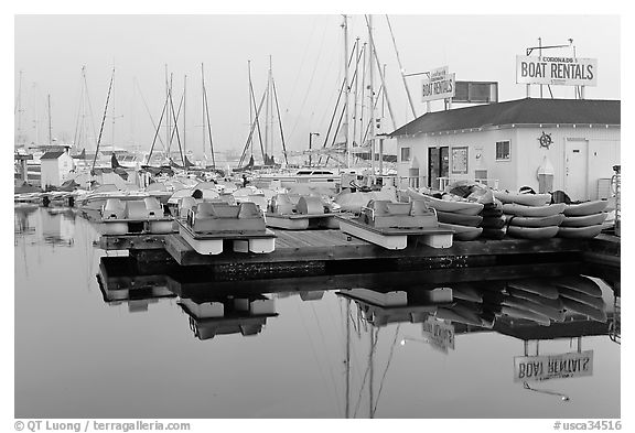 Boathouse and boats for rent, Coronado. San Diego, California, USA (black and white)