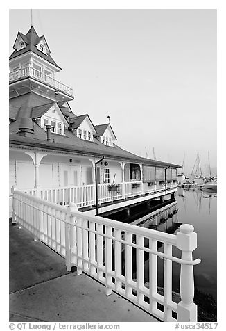 Fence and boathouse, Coronado. San Diego, California, USA (black and white)