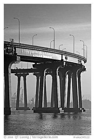 Section of Coronado-San Diego Bay Bridge seen from Coronado, early morning. San Diego, California, USA (black and white)